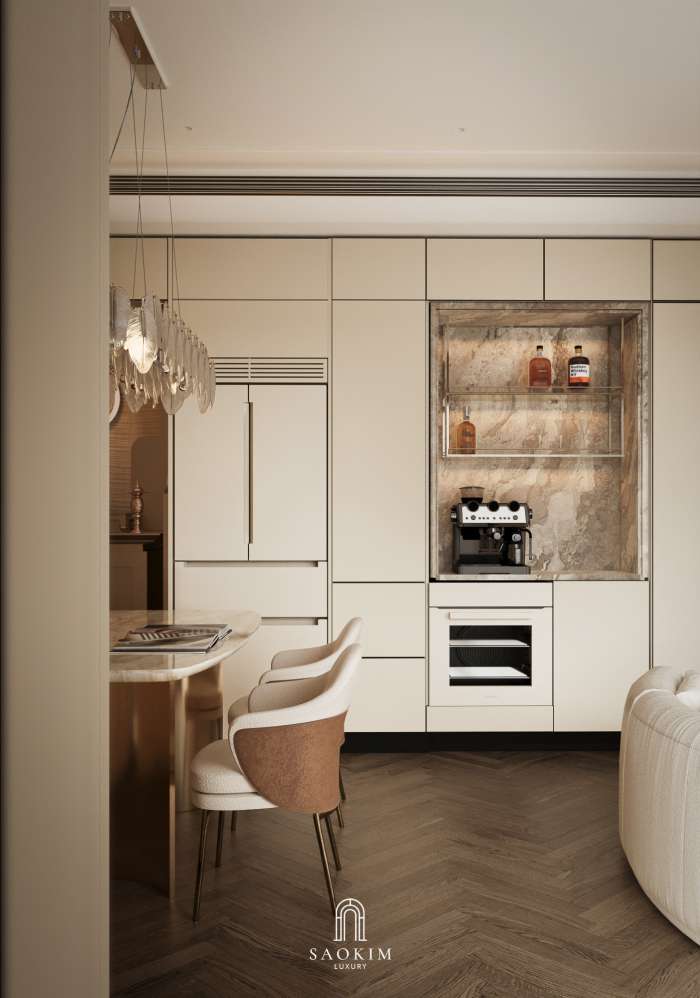 Thiết kế nội thất phòng bếp sang trọng trong thiết kế nội thất chung cư cao cấp Lumière Evergreen phong cách Quiet Luxury
